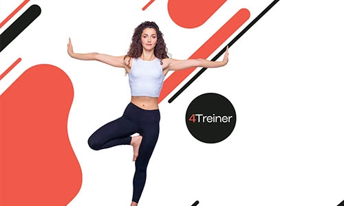 Mulher se equilibrando em uma perna, com o logo da 4 Treiner ao lado direito inferior